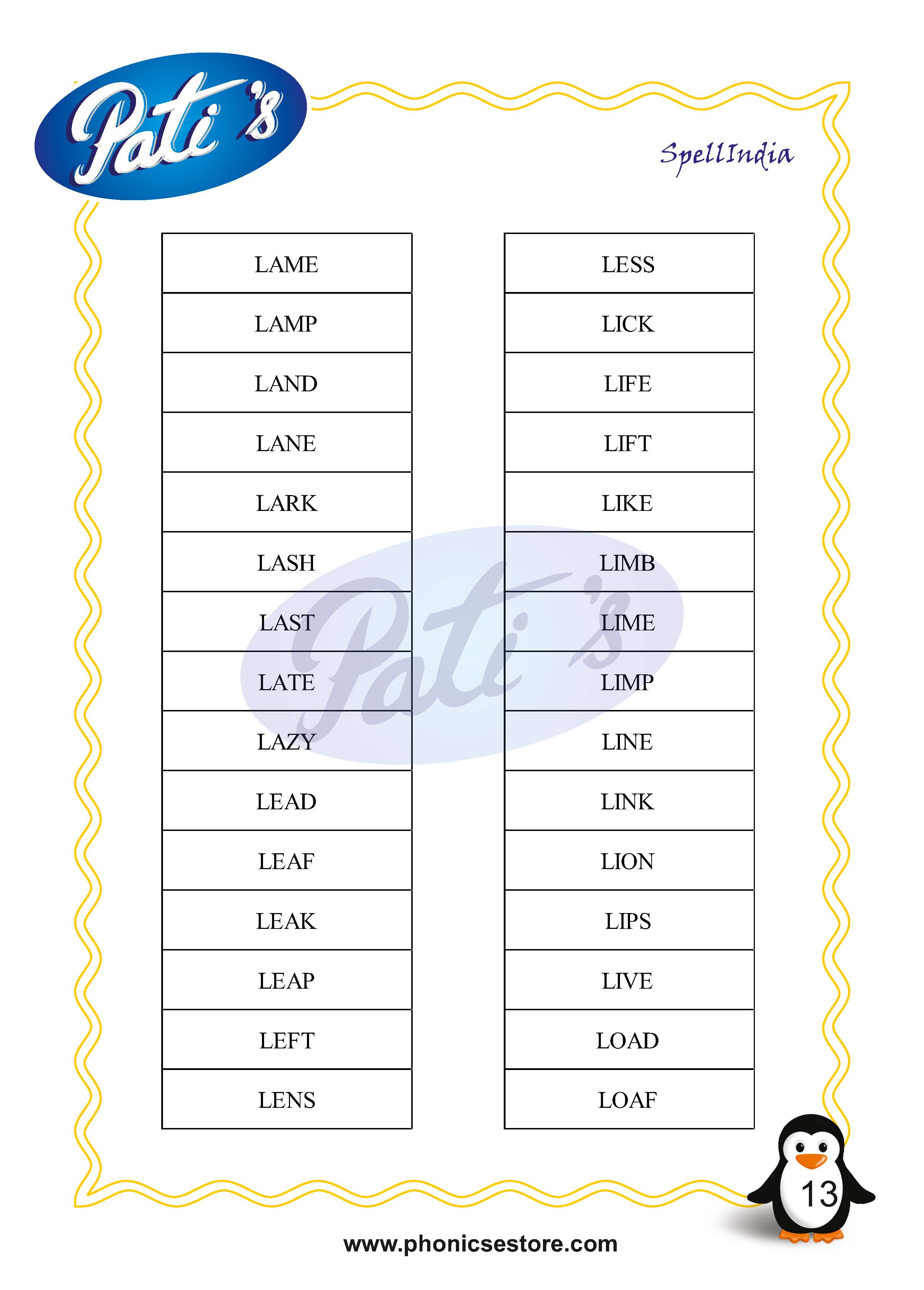 Pati Spelling Bee word list Class 2 Grade 2